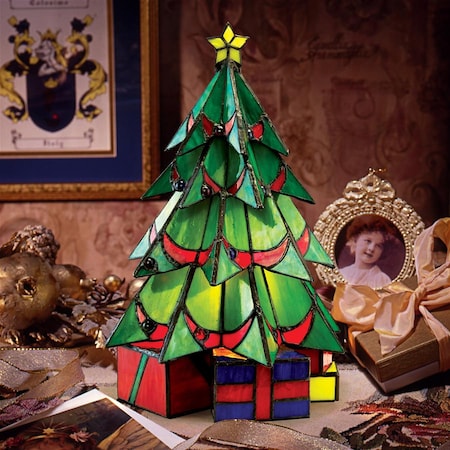 Design Toscano Christmas Tree Stained Glass Lamp Illuminated